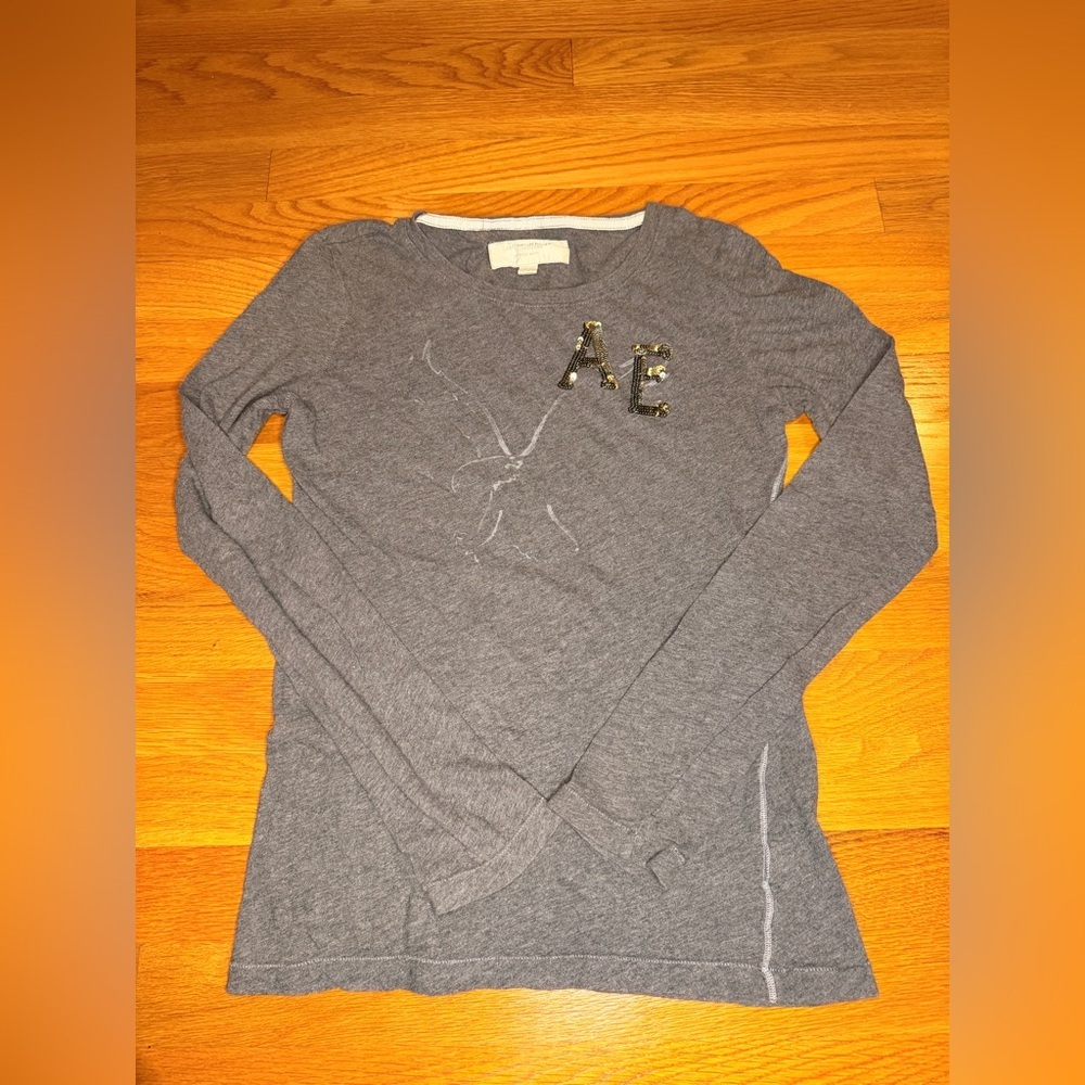 Y2K American Eagle Embellished AE Logo Long Sleeve Top | Gray | Size M